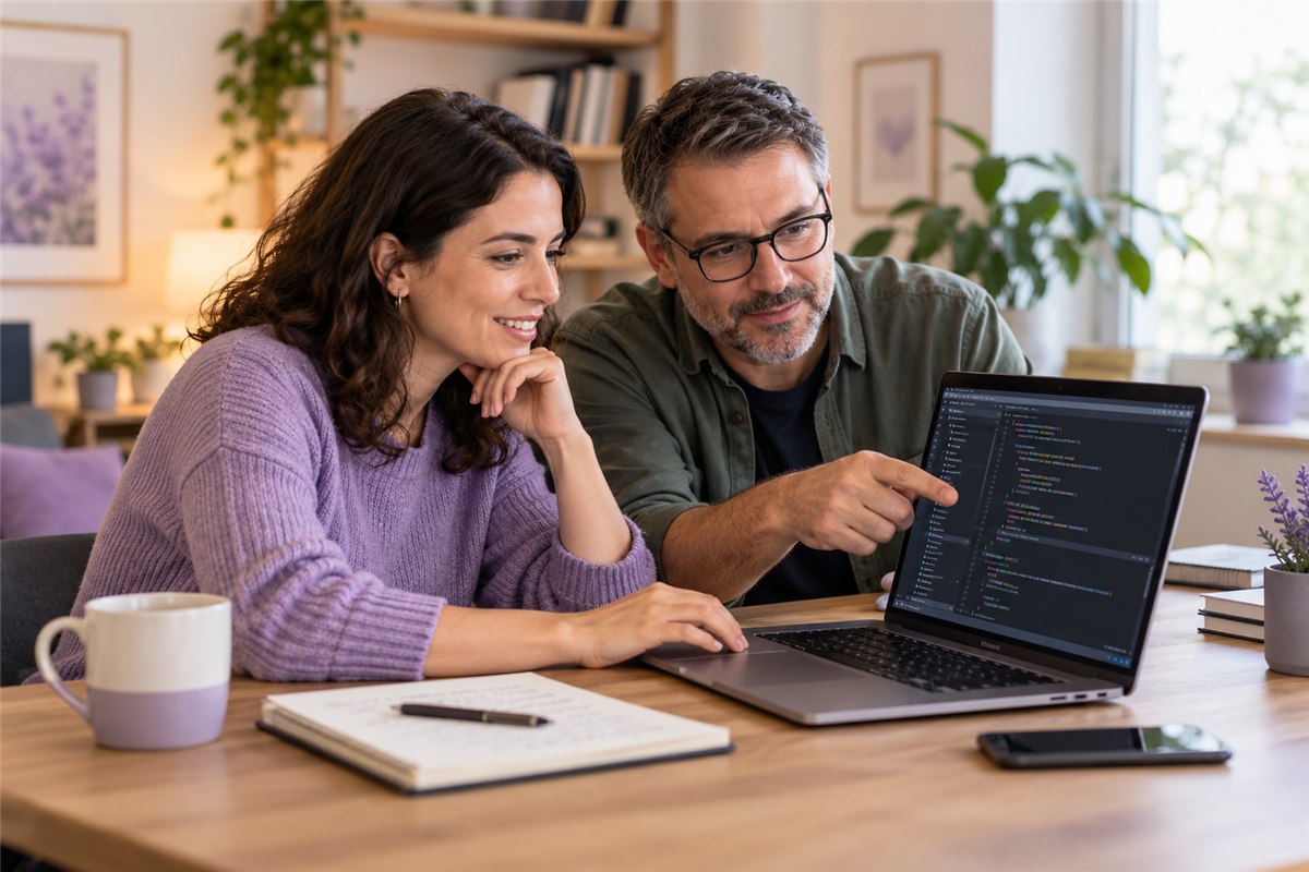 Two adult learners collaborating on code at a laptop in a professional workspace