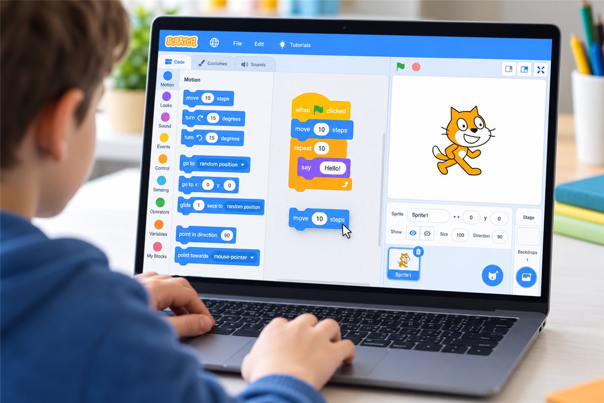 A child dragging a motion block into a Scratch coding project